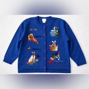 Quacker Factory 3X Cat Sweater Cardigan Blue w/ 4 Cat Button Covers Whimsical